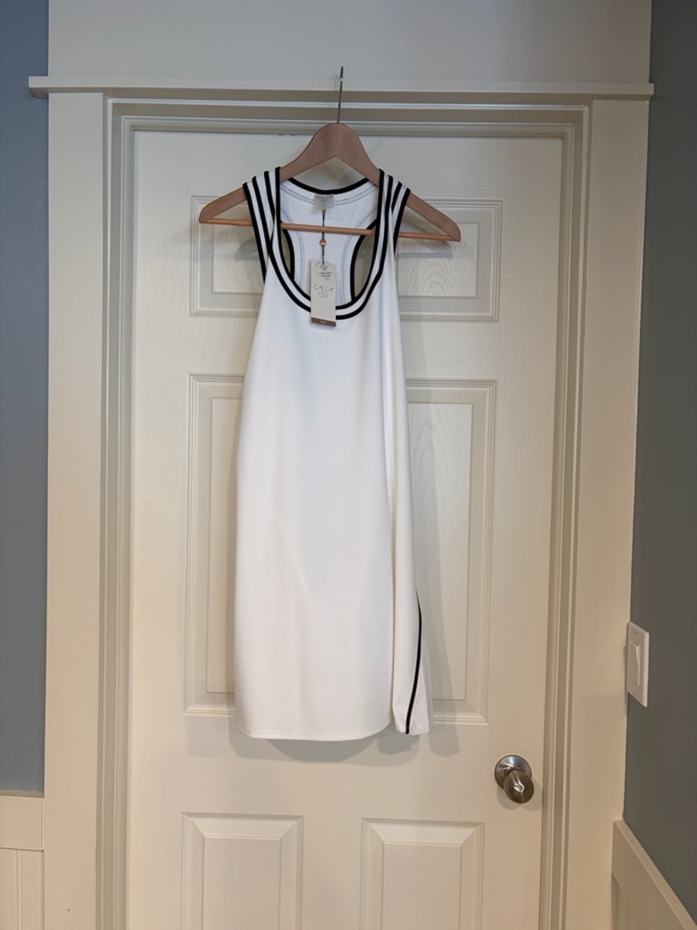 White Sleeveless Calia Racerback Court Dress with Black Trim